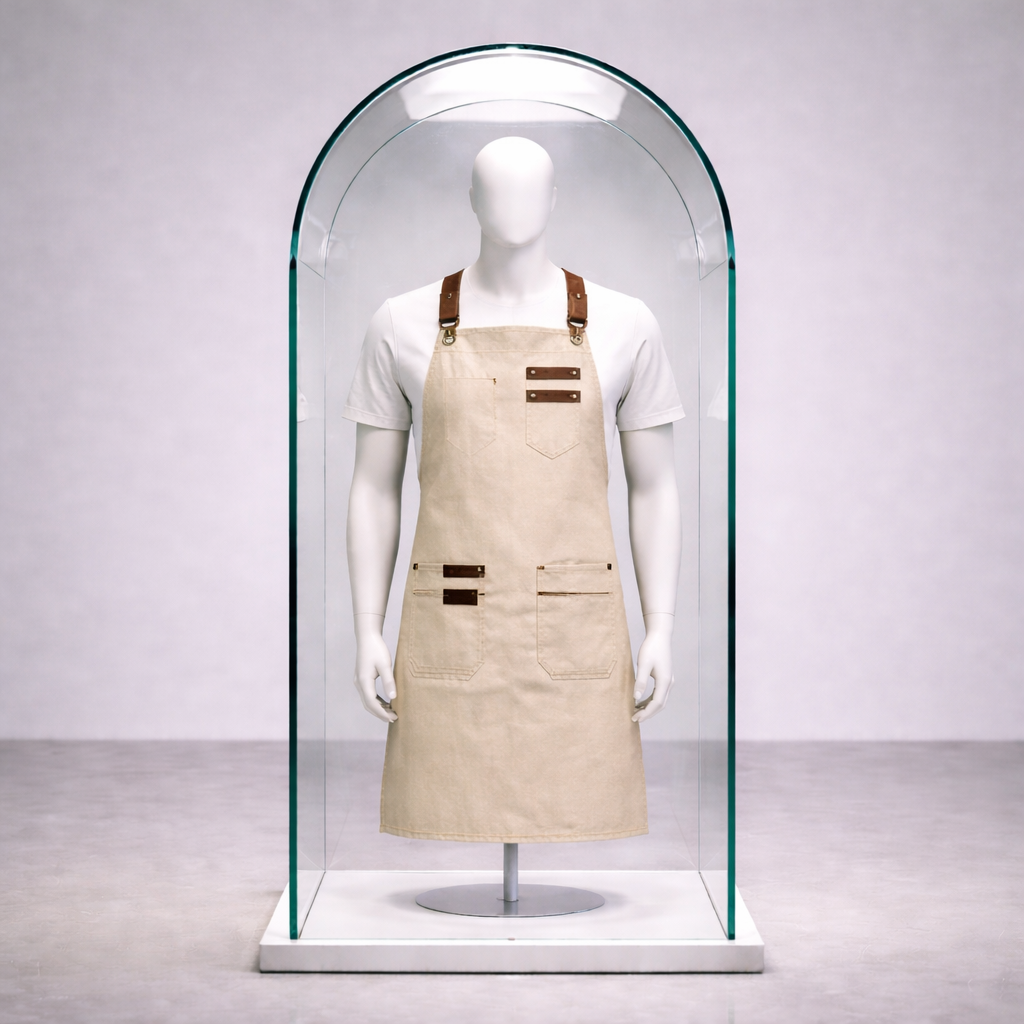Toptan Deri Askılı Bej Kumaş Barista - Şef Önlüğü – Unisex, Cepli 5'li Seri