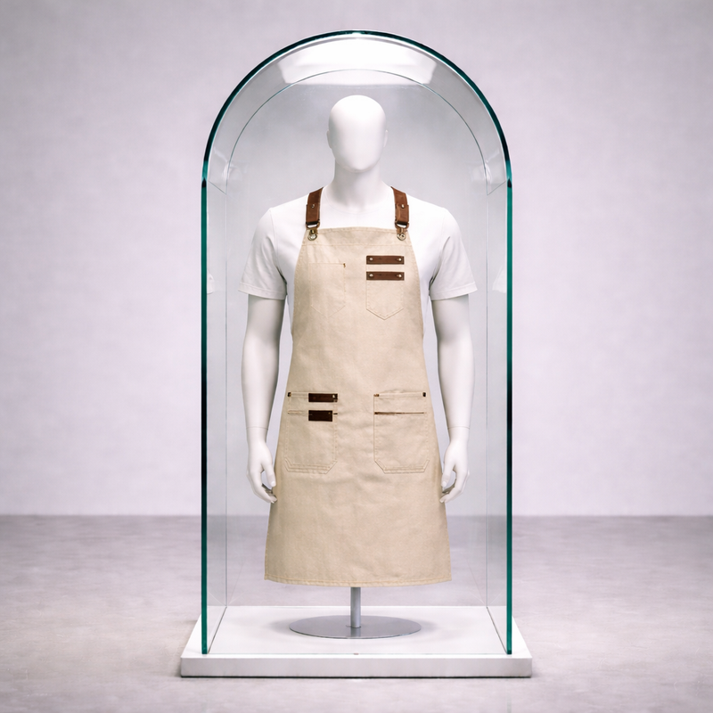 Bej Toptan Deri Askılı Bej Kumaş Barista - Şef Önlüğü – Unisex, Cepli 5'li Seri