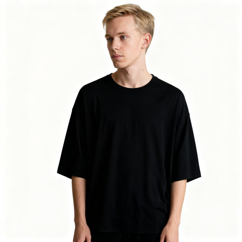 Siyah Toptan Unisex Loose Fit Bisiklet Yaka Tişört 5'li Seri