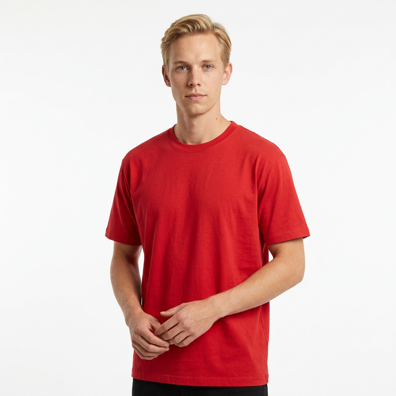Kırmızı Toptan Unisex Loose Fit Bisiklet Yaka Tişört 5'li Seri