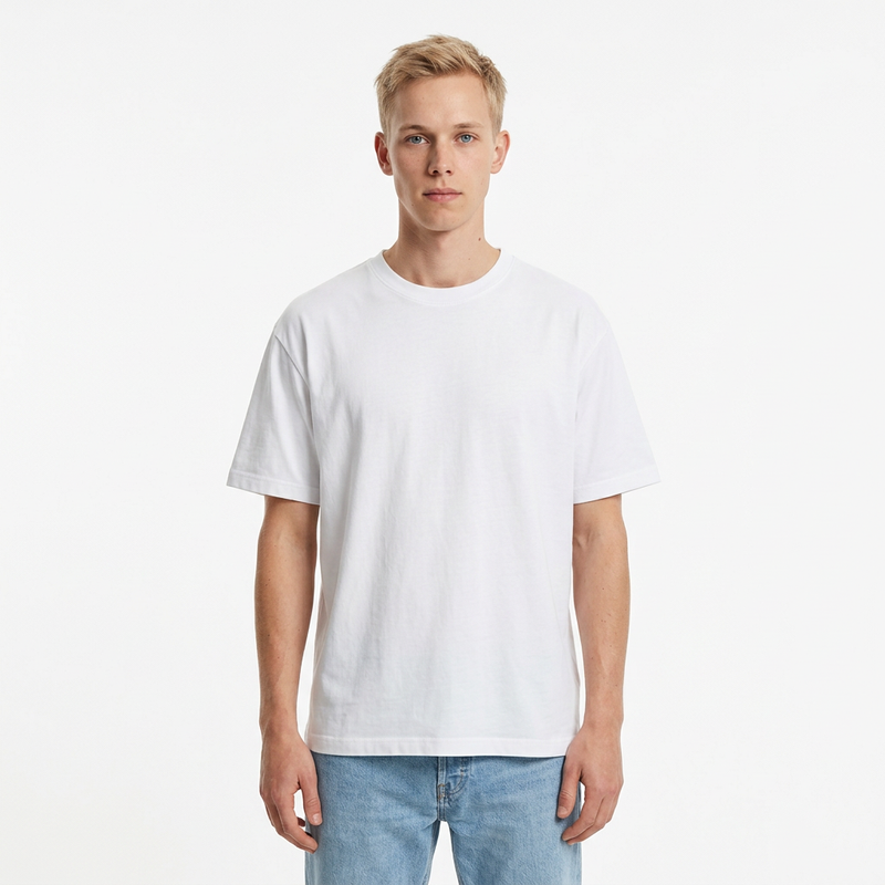 Beyaz Toptan Unisex Loose Fit Bisiklet Yaka Tişört 5'li Seri